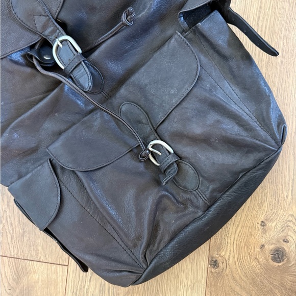 Vintage London fog dark brown Leather Backpack drawstring thick large bag - Picture 3 of 8